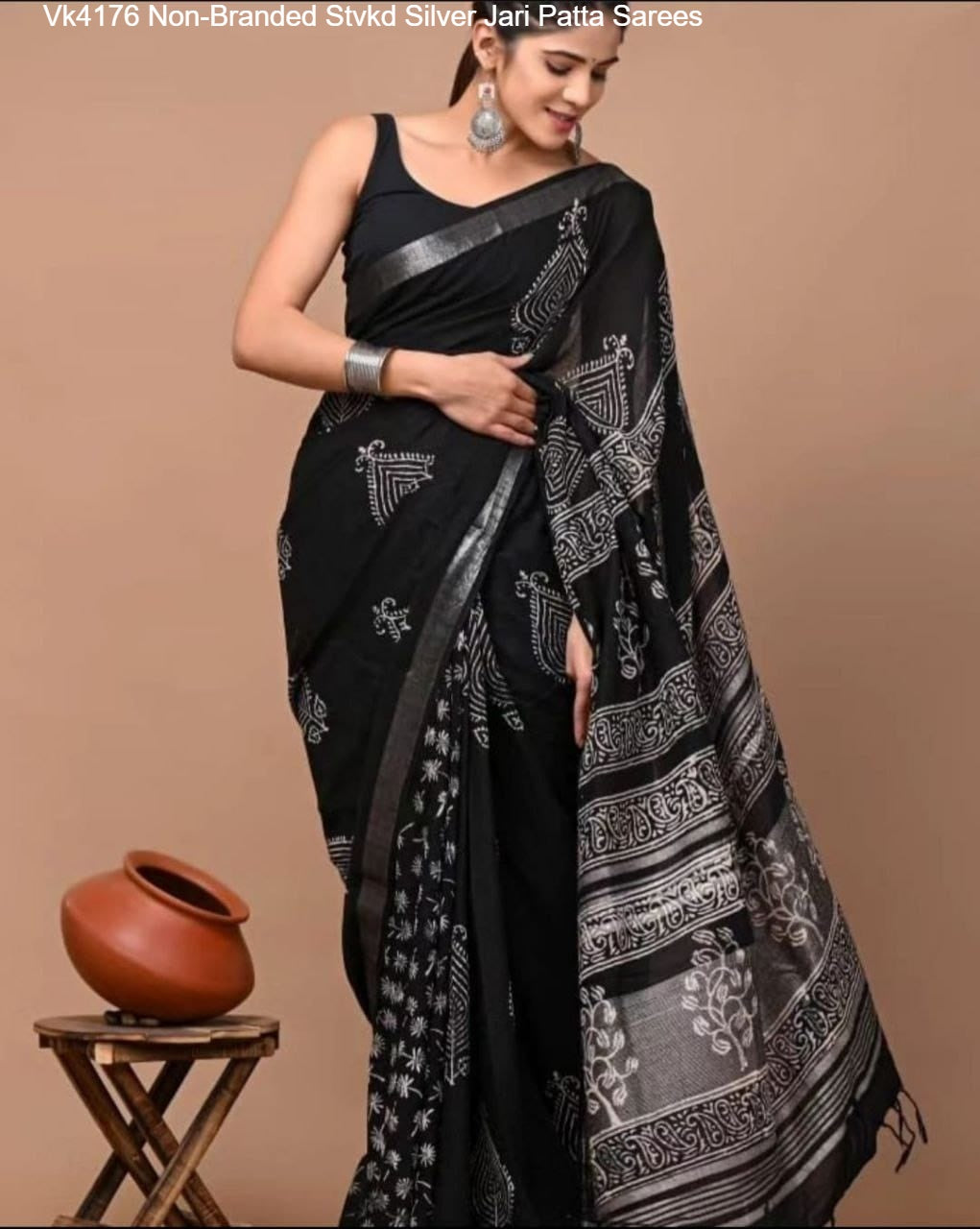 Vk4176 Non-Branded Stvkd Silver Jari Patta Sarees