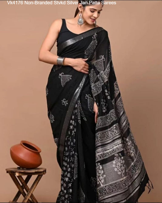 Vk4176 Non-Branded Stvkd Silver Jari Patta Sarees