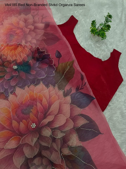 Vk4185 Red Non-Branded Stvkd Organza Sarees