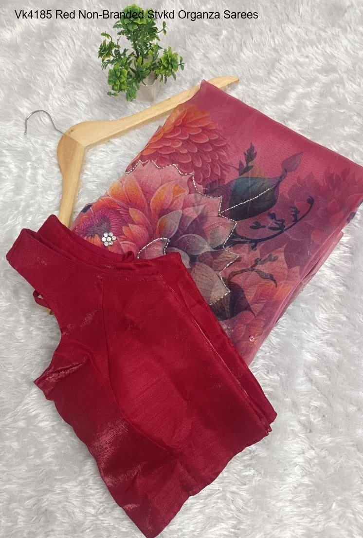 Vk4185 Red Non-Branded Stvkd Organza Sarees
