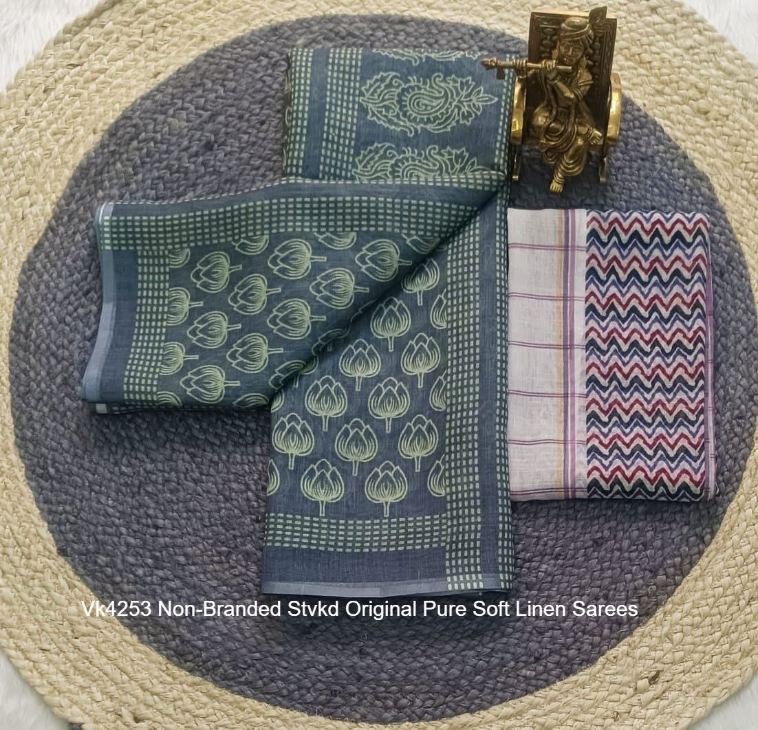 Vk4253 Non-Branded Stvkd Original Pure Soft Linen Sarees