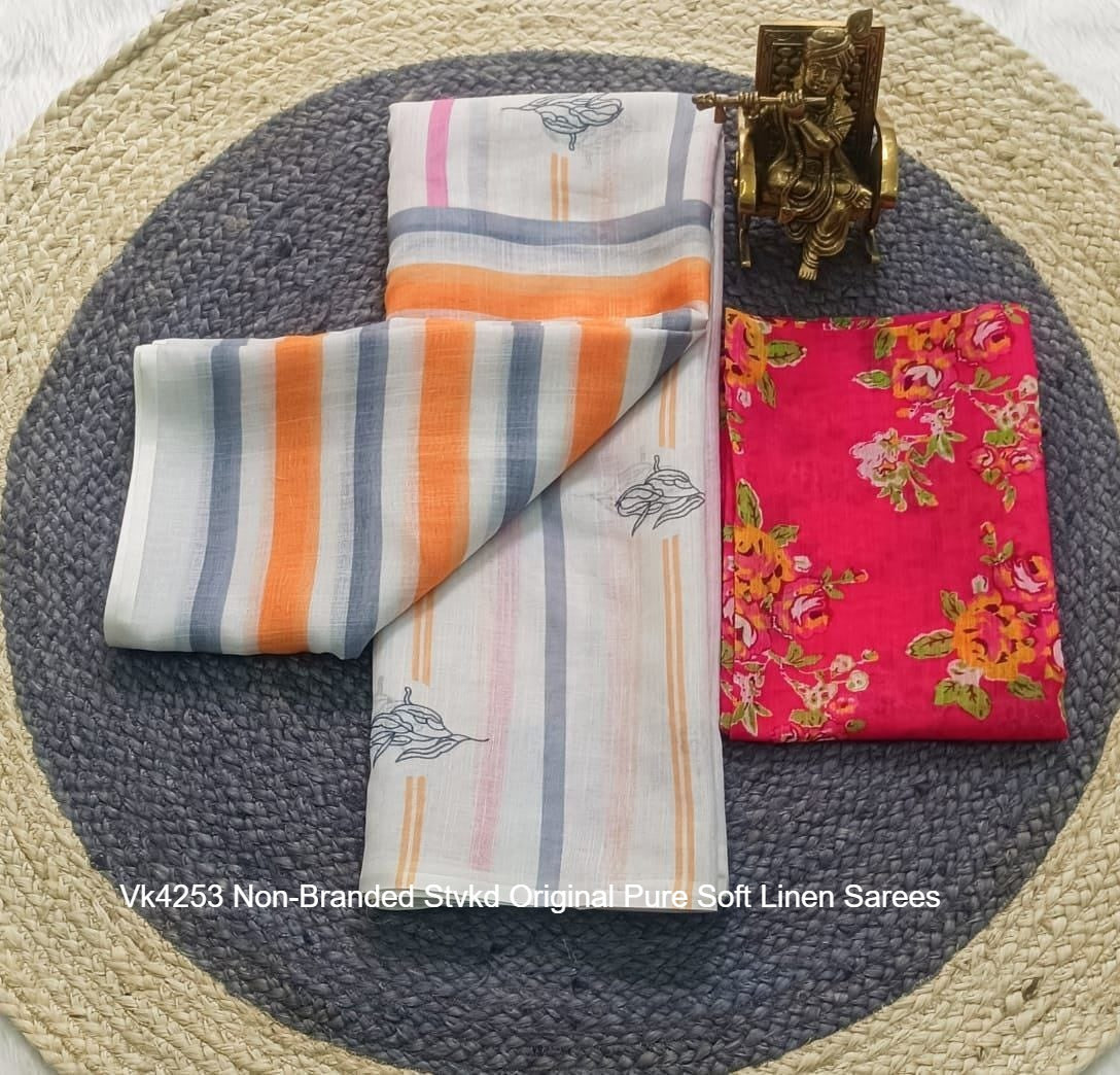 Vk4253 Non-Branded Stvkd Original Pure Soft Linen Sarees