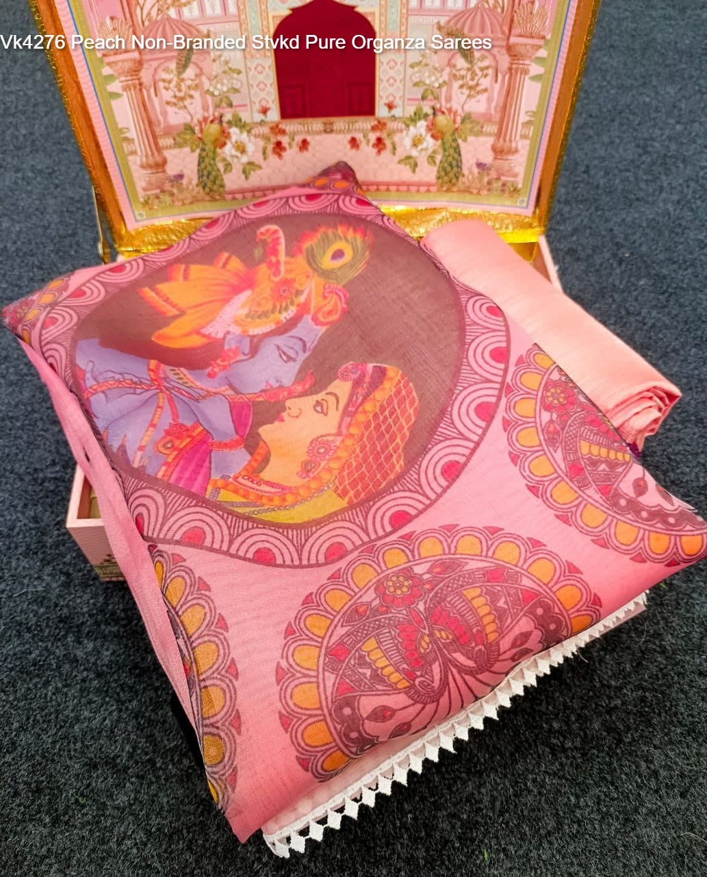 Vk4276 Peach Non-Branded Stvkd Pure Organza Sarees