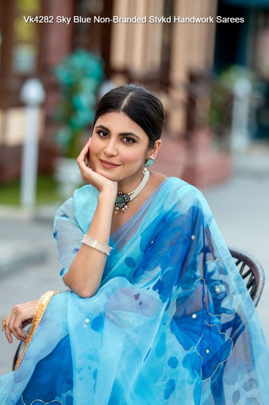 Vk4282 Sky Blue Non-Branded Stvkd Handwork Sarees