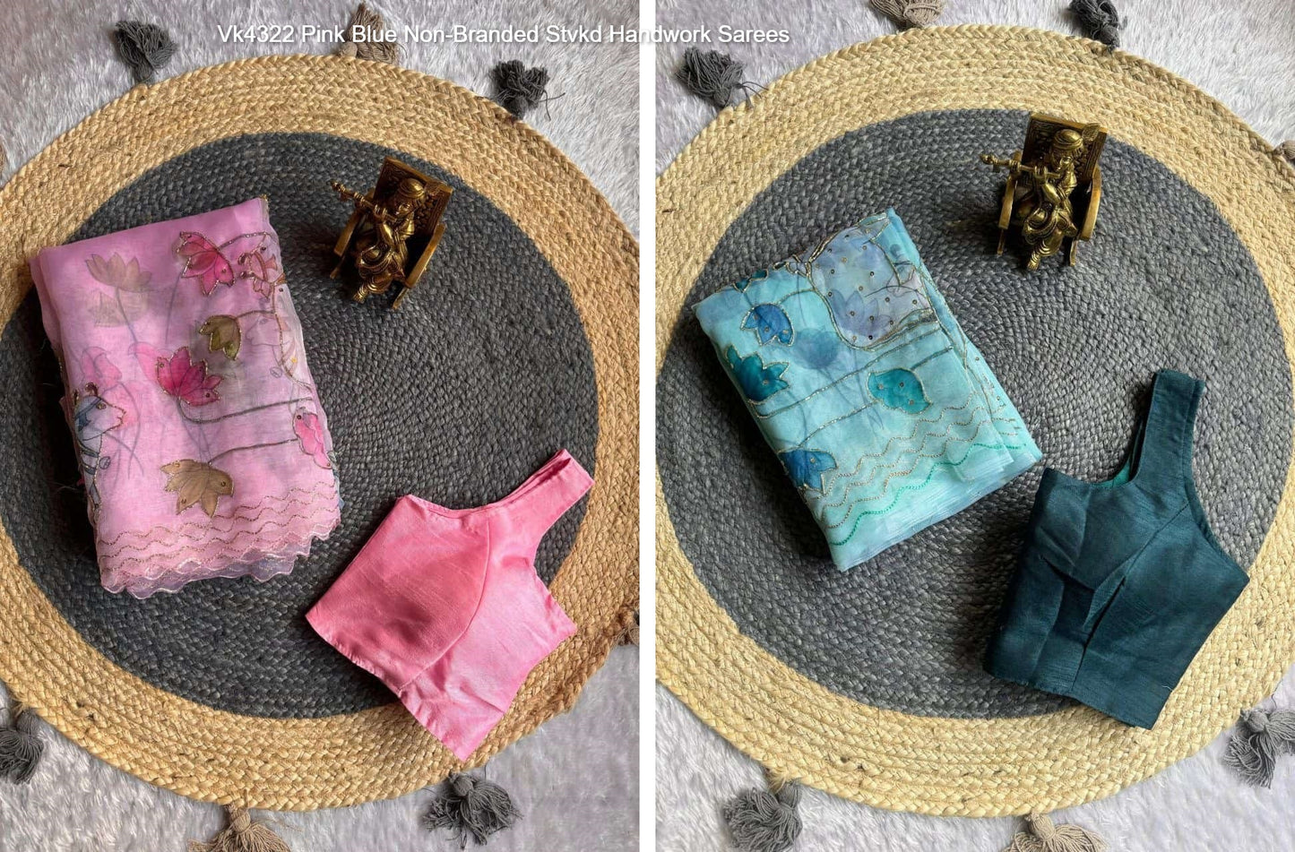 Vk4322 Pink Blue Non-Branded Stvkd Handwork Sarees