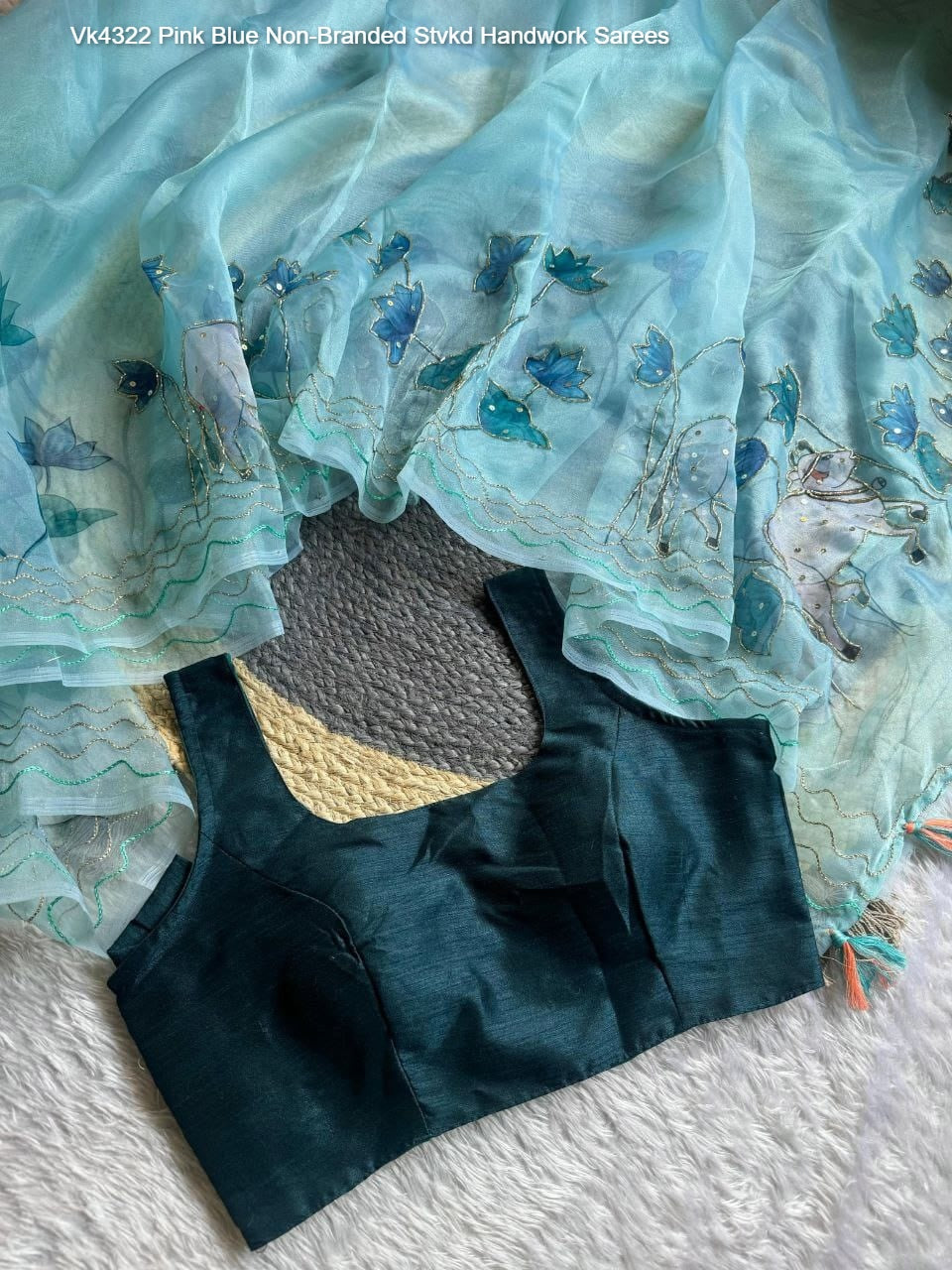 Vk4322 Pink Blue Non-Branded Stvkd Handwork Sarees