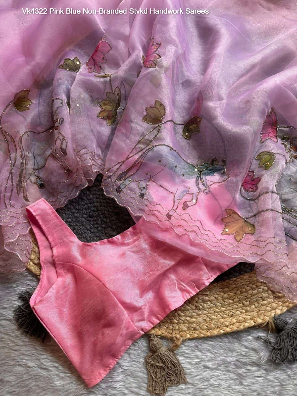 Vk4322 Pink Blue Non-Branded Stvkd Handwork Sarees