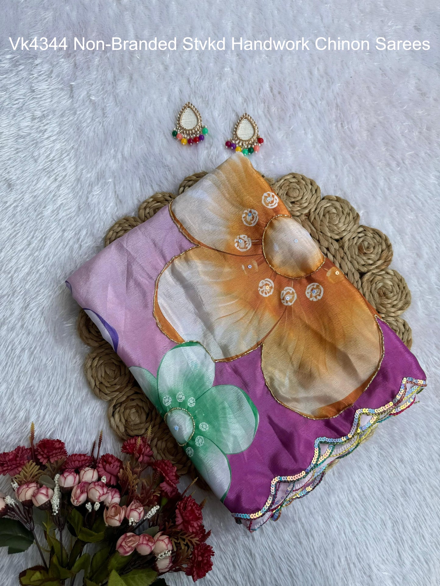 Vk4344 Non-Branded Stvkd Handwork Chinon Sarees