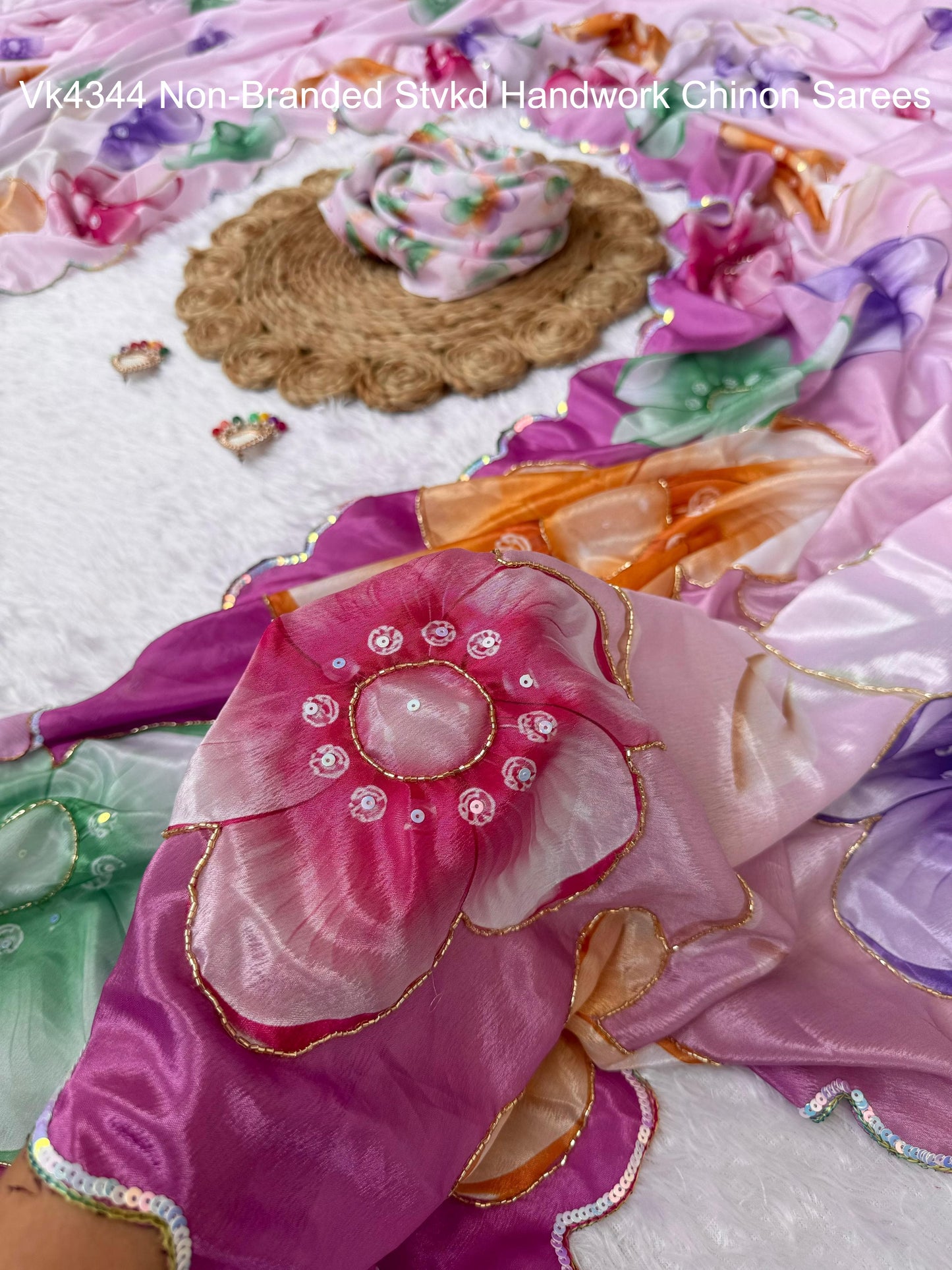 Vk4344 Non-Branded Stvkd Handwork Chinon Sarees