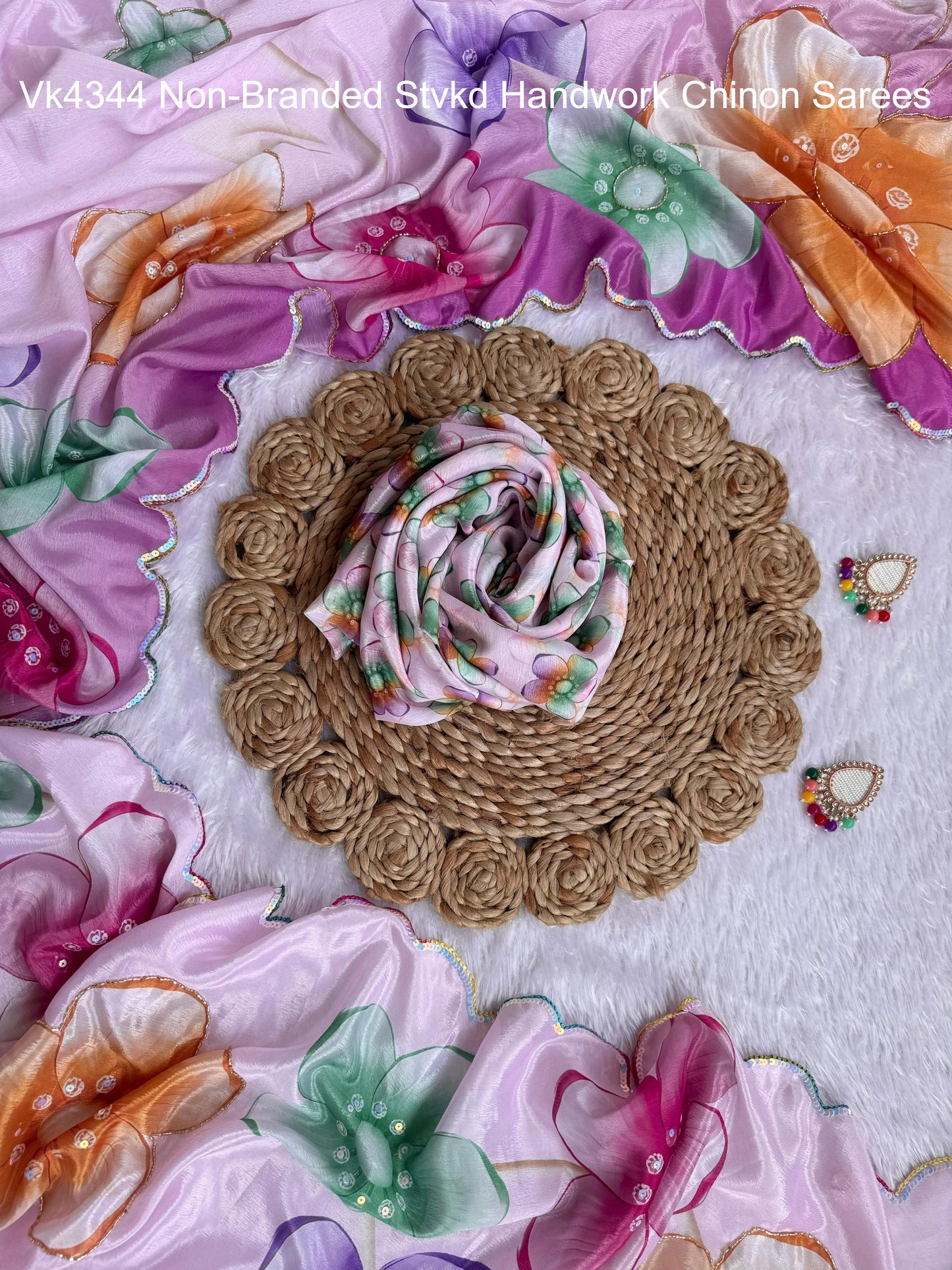 Vk4344 Non-Branded Stvkd Handwork Chinon Sarees