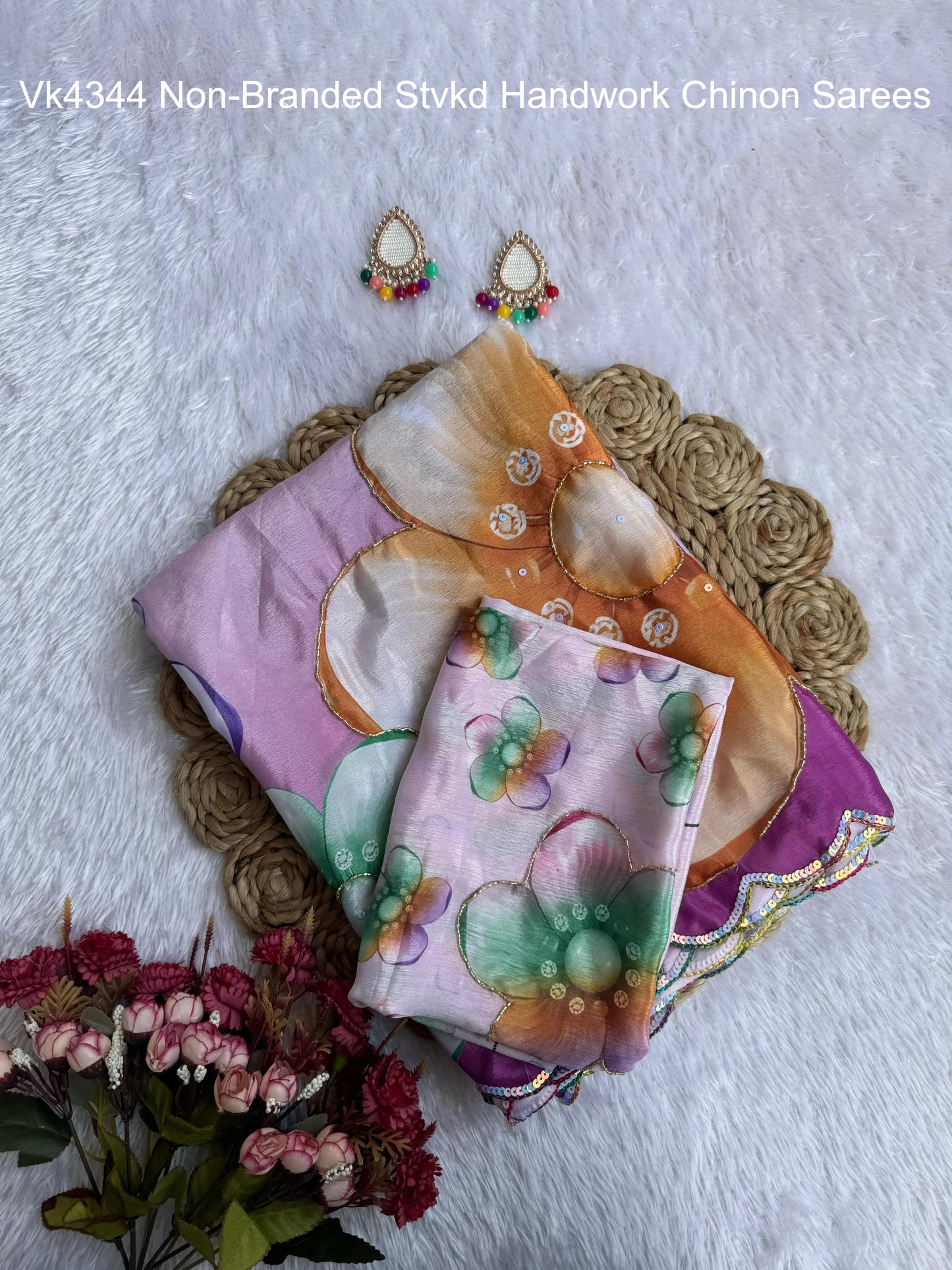 Vk4344 Non-Branded Stvkd Handwork Chinon Sarees