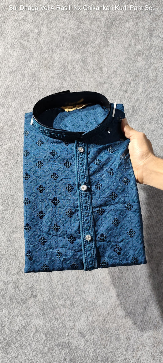 Vol 134 Blue Outluk Lakhnavi Mens Kurta Pyjama