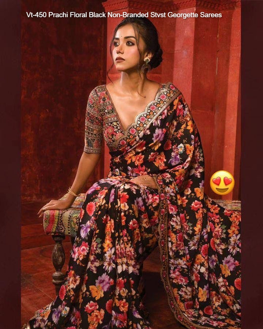 Vt-450 Prachi Floral Black Non-Branded Stvst Georgette Sarees