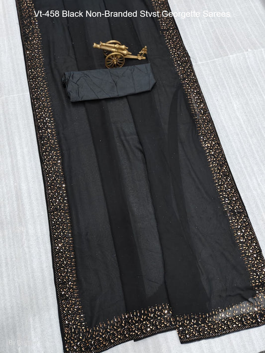 Vt-458 Black Non-Branded Stvst Georgette Sarees