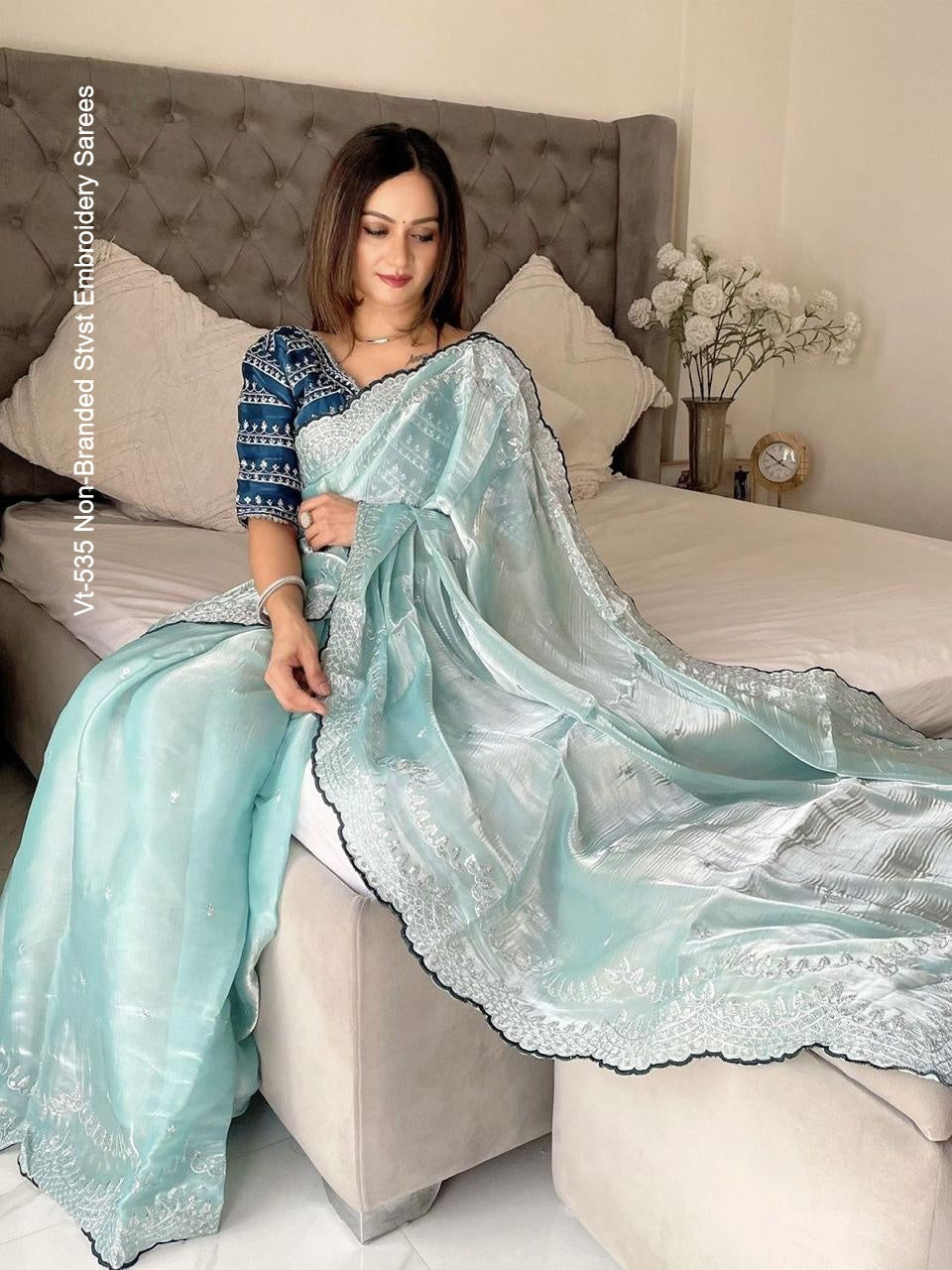 Vt-535 Non-Branded Stvst Embroidery Sarees