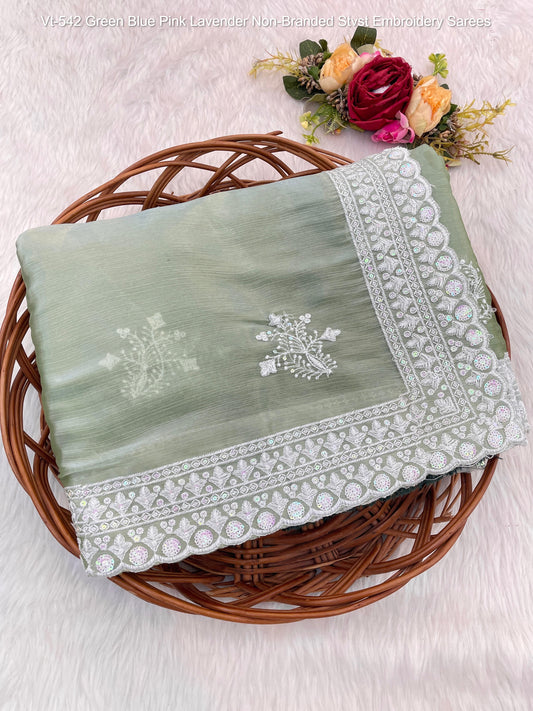 Vt-542 Green Blue Pink Lavender Non-Branded Stvst Embroidery Sarees