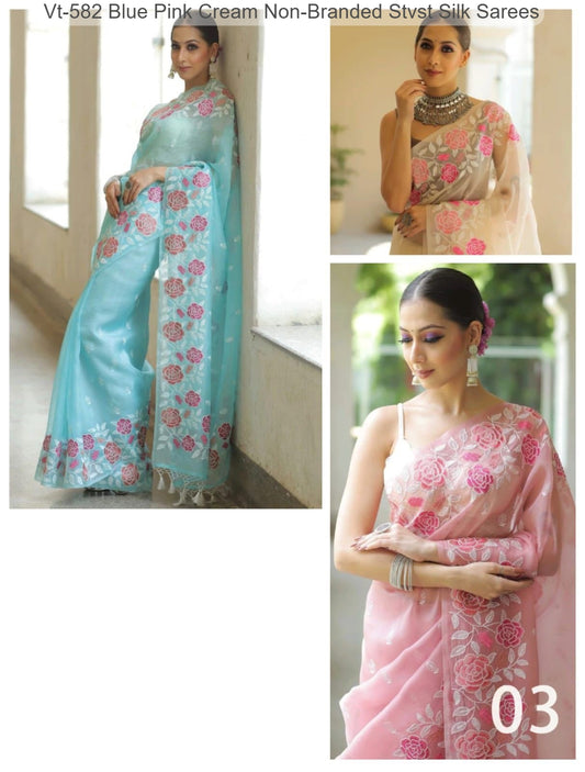 Vt-582 Blue Pink Cream Non-Branded Stvst Silk Sarees