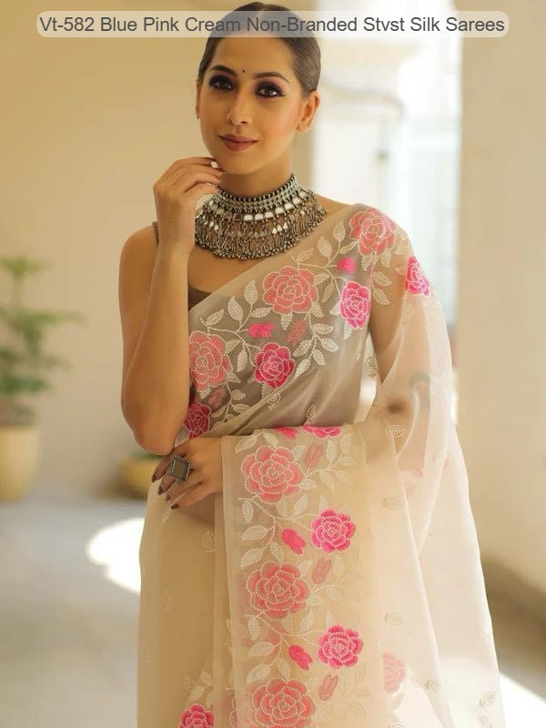 Vt-582 Blue Pink Cream Non-Branded Stvst Silk Sarees