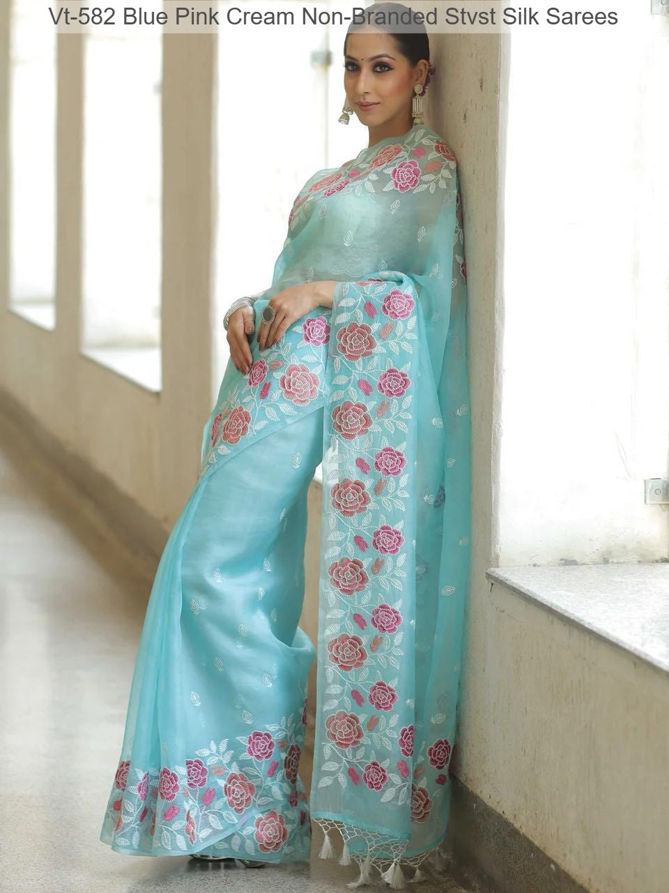 Vt-582 Blue Pink Cream Non-Branded Stvst Silk Sarees