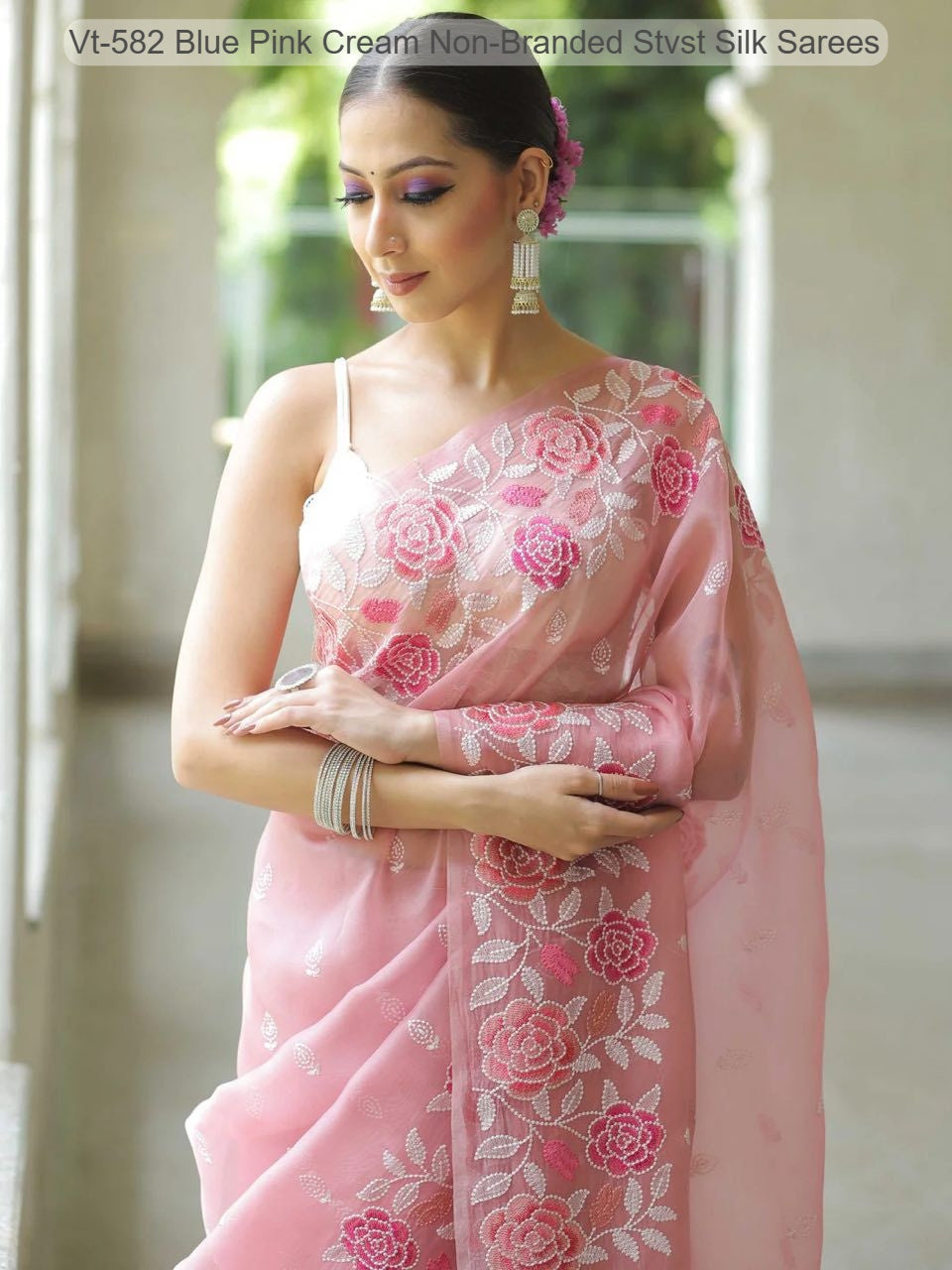 Vt-582 Blue Pink Cream Non-Branded Stvst Silk Sarees