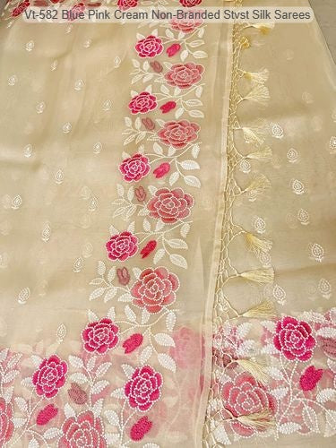 Vt-582 Blue Pink Cream Non-Branded Stvst Silk Sarees