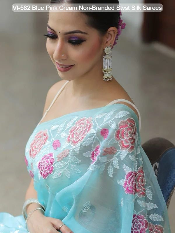 Vt-582 Blue Pink Cream Non-Branded Stvst Silk Sarees