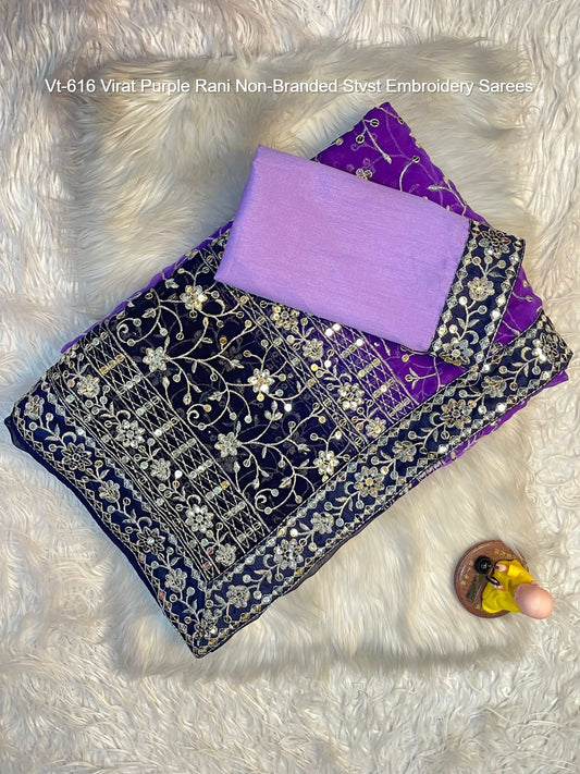 Vt-616 Virat Purple Rani Non-Branded Stvst Embroidery Sarees