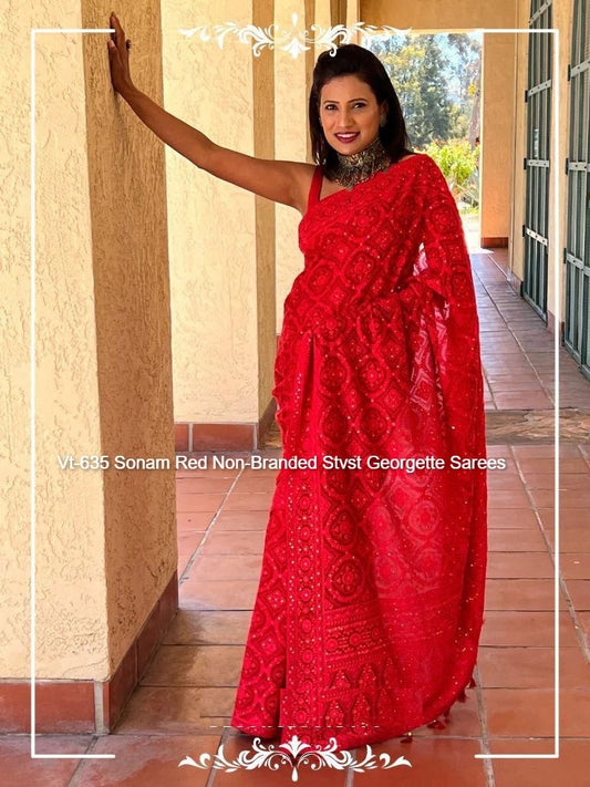 Vt-635 Sonam Red Non-Branded Stvst Georgette Sarees