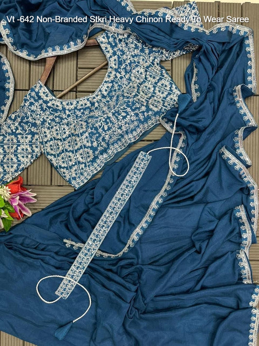Vt -642 Non-Branded Stkri Heavy Chinon Ready To Wear Saree