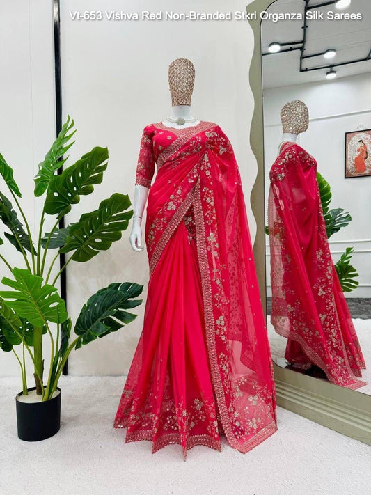 Vt-653 Vishva Red Non-Branded Stkri Organza Silk Sarees