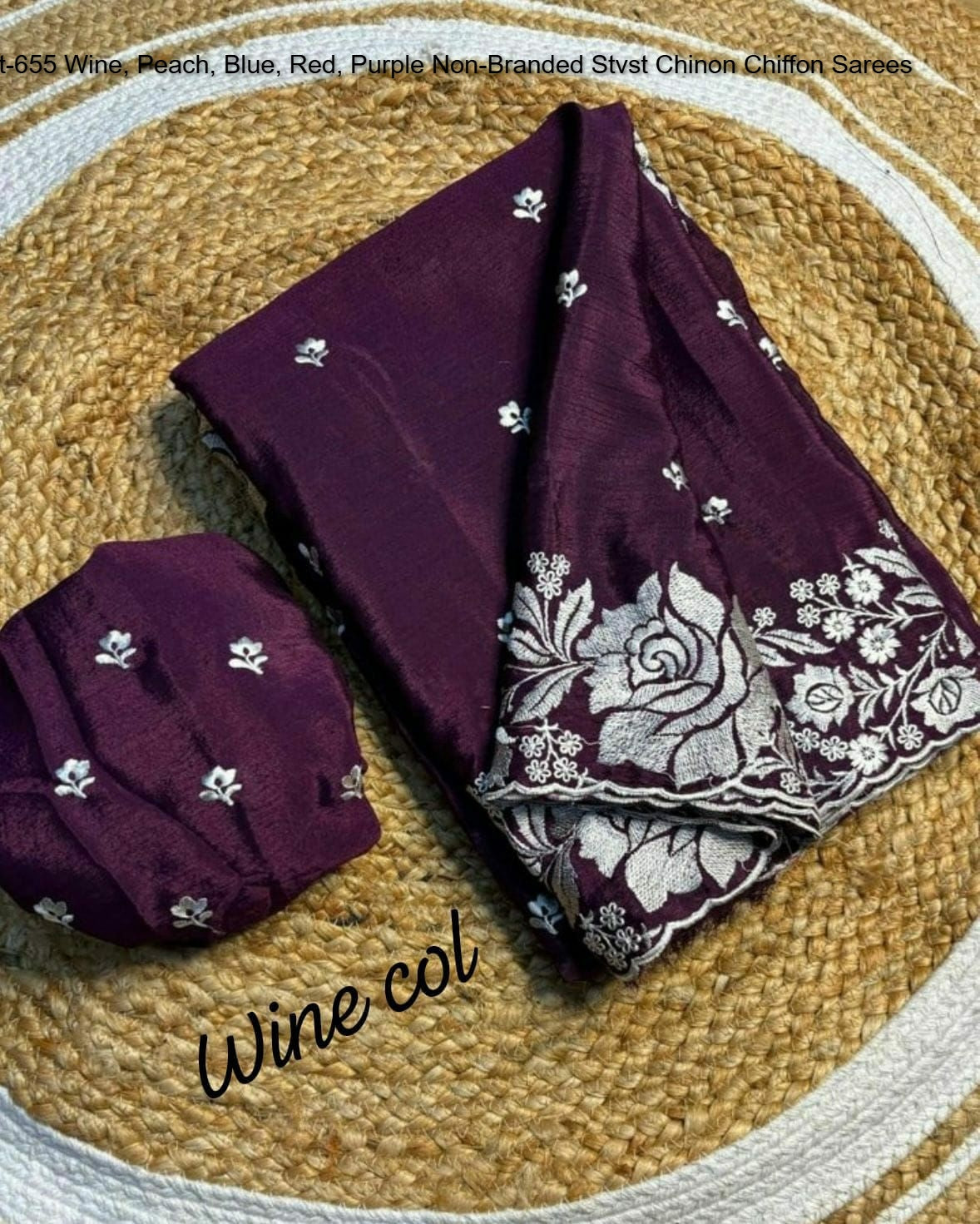 Vt-655 Wine, Peach, Blue, Red, Purple Non-Branded Stvst Chinon Chiffon Sarees