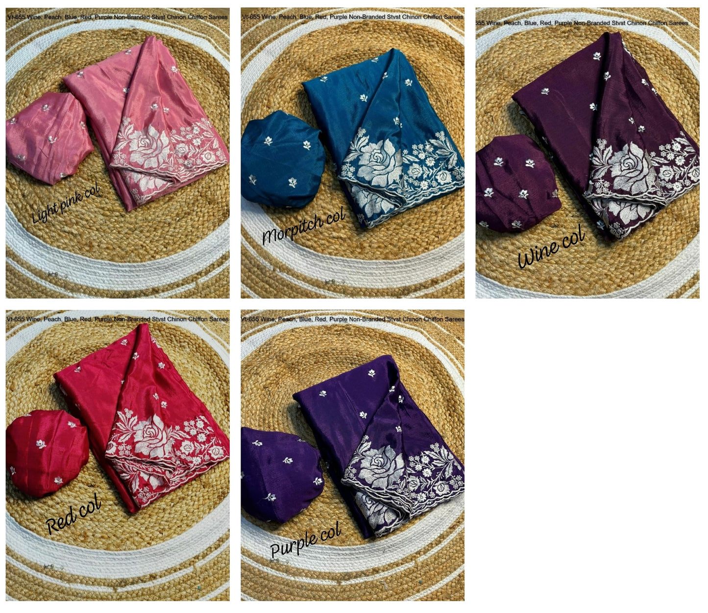 Vt-655 Wine, Peach, Blue, Red, Purple Non-Branded Stvst Chinon Chiffon Sarees