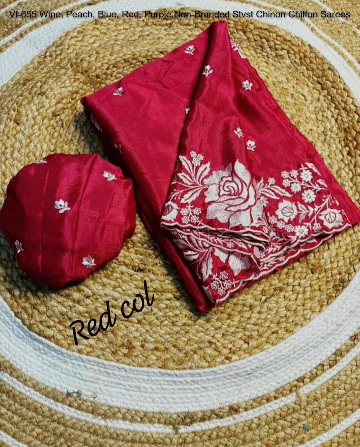 Vt-655 Wine, Peach, Blue, Red, Purple Non-Branded Stvst Chinon Chiffon Sarees