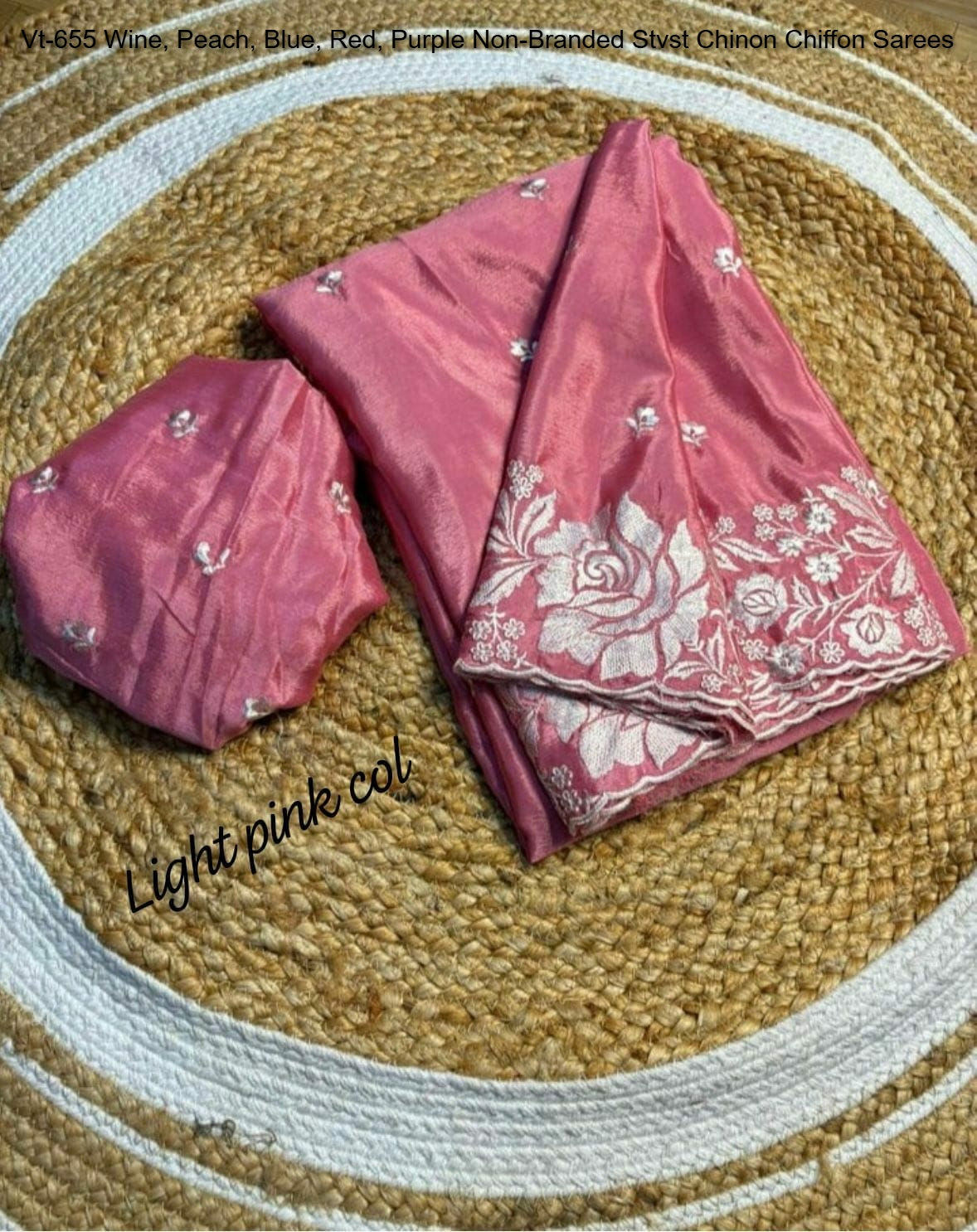 Vt-655 Wine, Peach, Blue, Red, Purple Non-Branded Stvst Chinon Chiffon Sarees