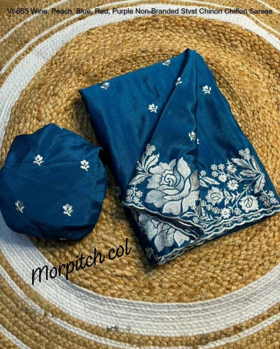 Vt-655 Wine, Peach, Blue, Red, Purple Non-Branded Stvst Chinon Chiffon Sarees