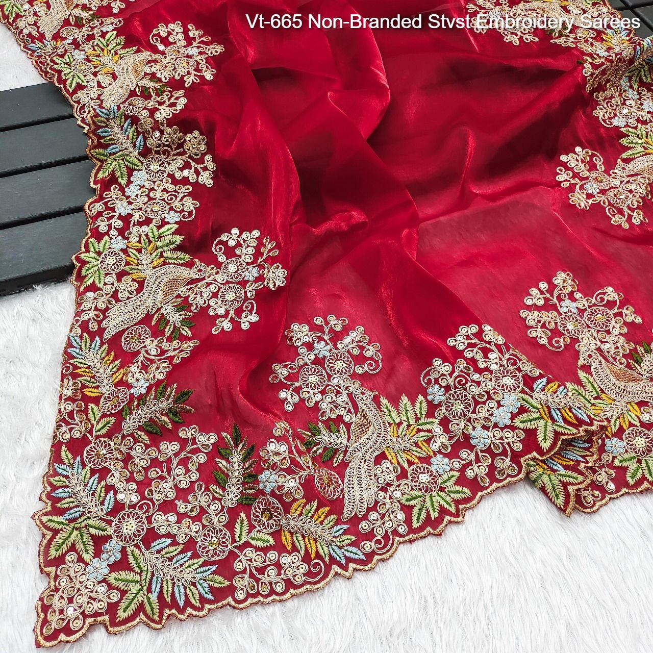 Vt-665 Non-Branded Stvst Embroidery Sarees
