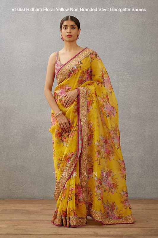 Vt-666 Ridham Floral Yellow Non-Branded Stvst Georgette Sarees