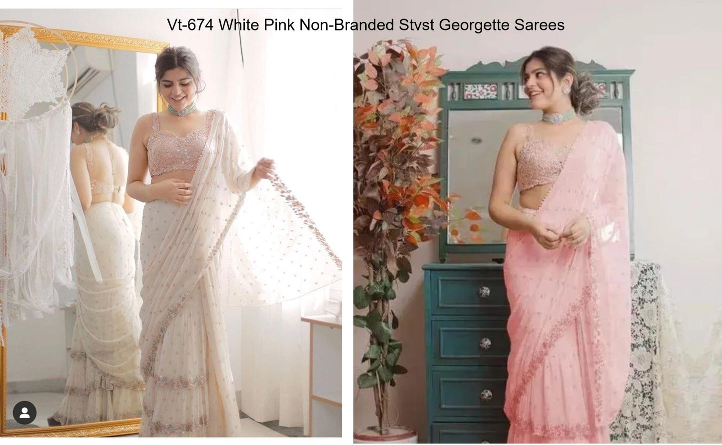 Vt-674 White Pink Non-Branded Stvst Georgette Sarees