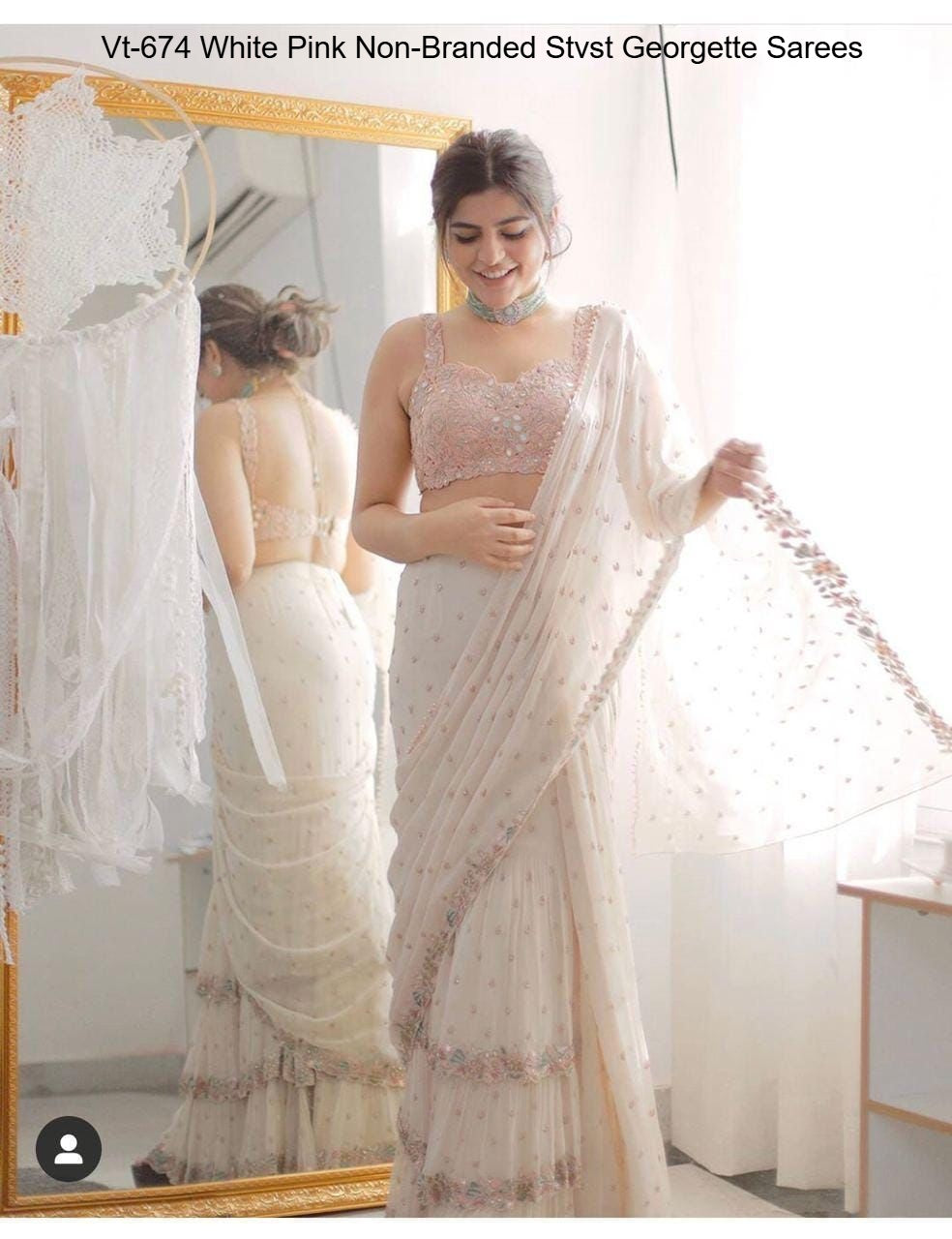 Vt-674 White Pink Non-Branded Stvst Georgette Sarees