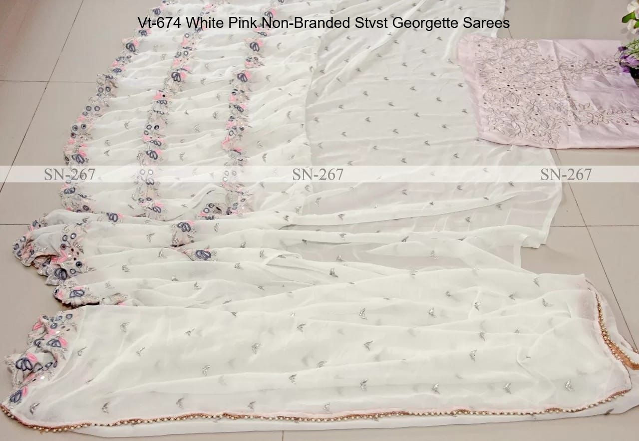 Vt-674 White Pink Non-Branded Stvst Georgette Sarees