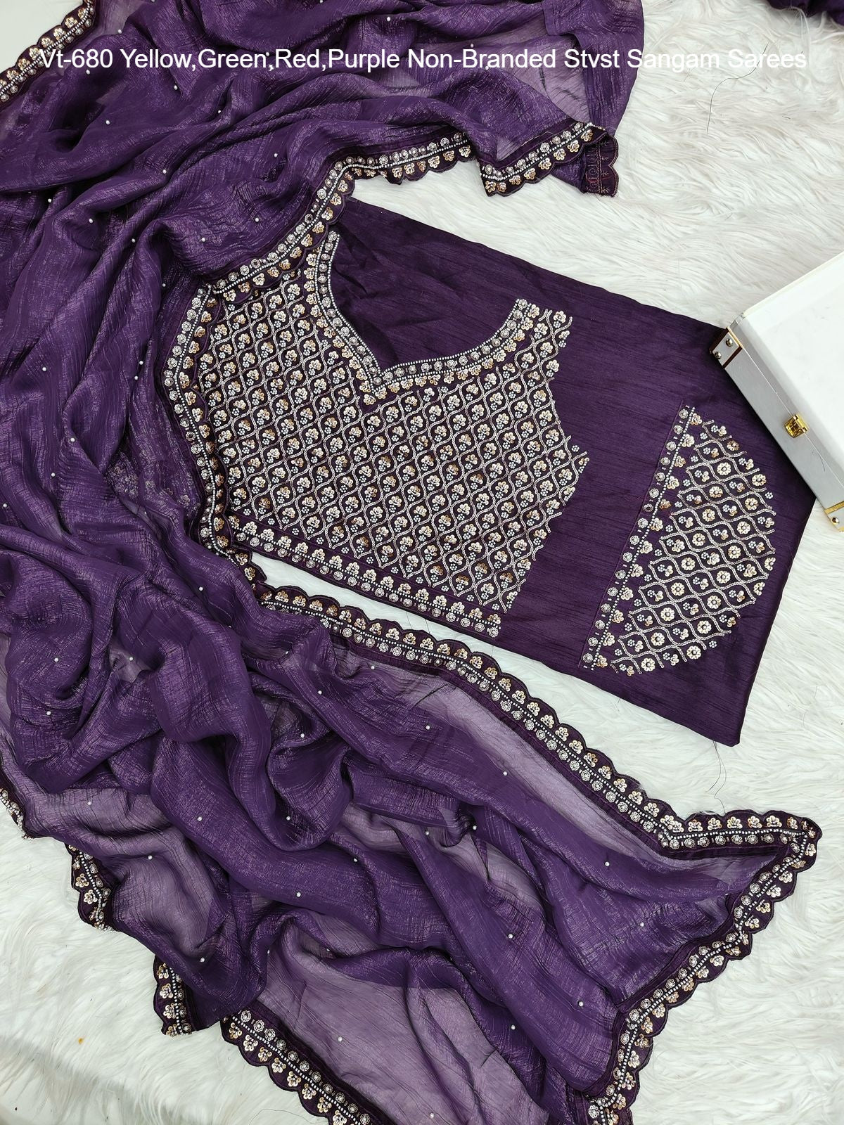 Vt-680 Yellow,Green,Red,Purple Non-Branded Stvst Sangam Sarees