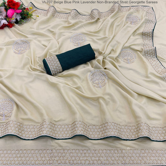 Vt-707 Beige Blue Pink Lavender Non-Branded Stvst Georgette Sarees