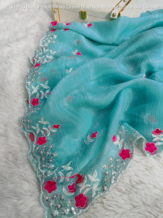 Vt-710 Dark Peach White Green Blue Non-Branded Stvst Silk Sarees