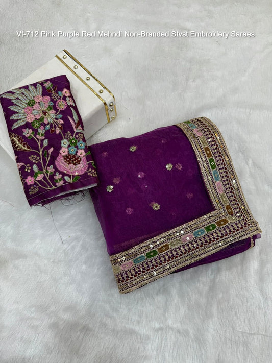 Vt-712 Pink Purple Red Mehndi Non-Branded Stvst Embroidery Sarees