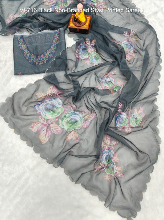 Vt-716 Black Non-Branded Stvst Printed Sarees
