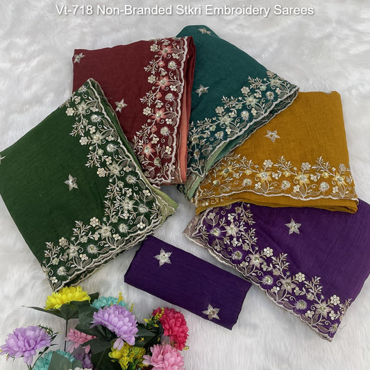 Vt-718 Non-Branded Stkri Embroidery Sarees