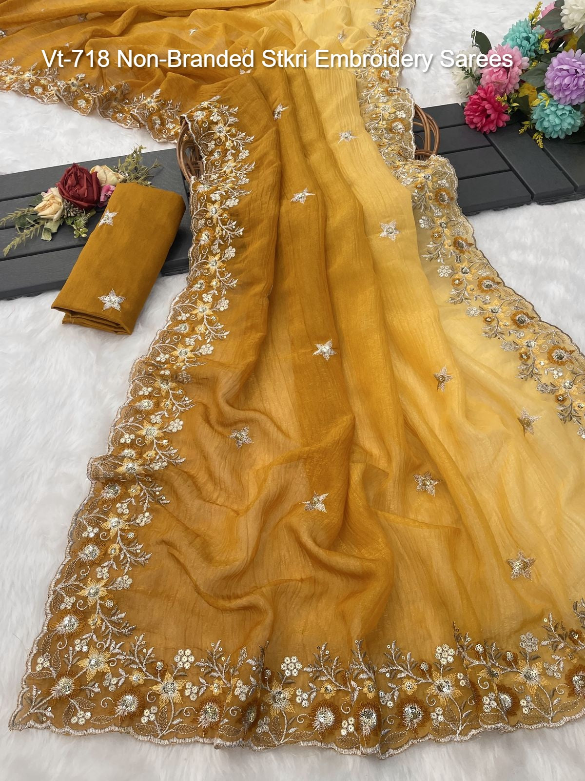 Vt-718 Non-Branded Stkri Embroidery Sarees