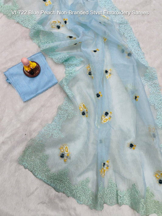 Vt-722 Blue Peach Non-Branded Stvst Embroidery Sarees