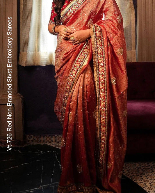Vt-726 Red Non-Branded Stvst Embroidery Sarees