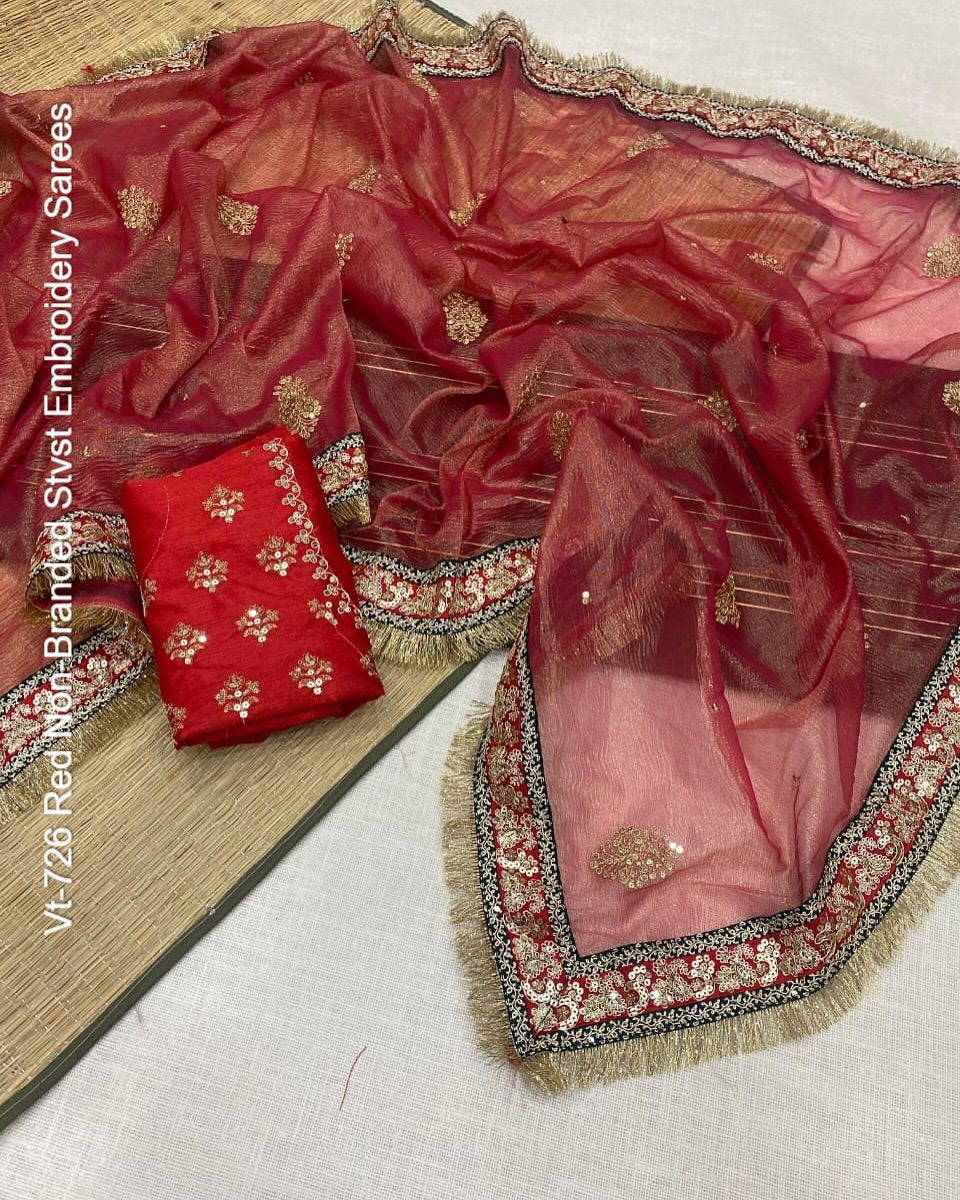 Vt-726 Red Non-Branded Stvst Embroidery Sarees